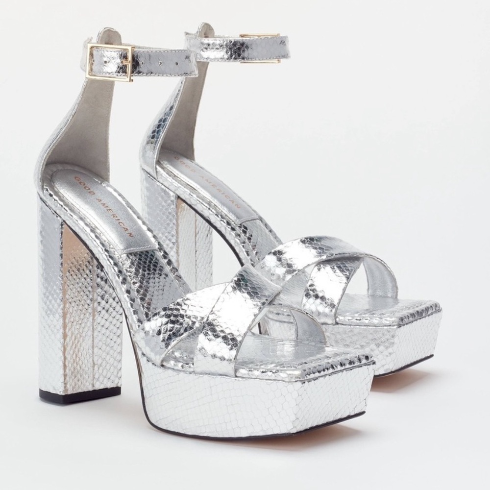 Good American Ankle Strap Open Toe Platform Sandals Silver Size 8